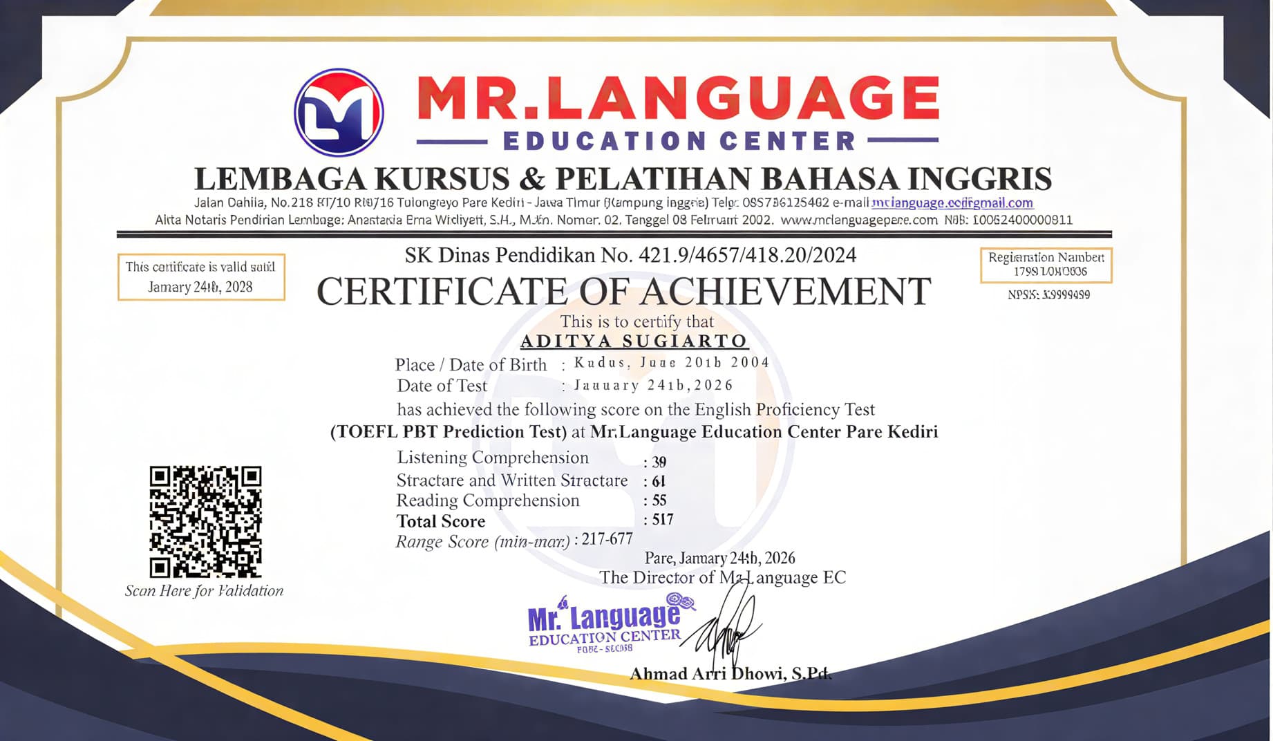 Contoh Sertifikat TOEFL